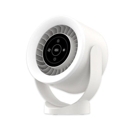 Adjustable USB desktop fan light with LED display in apricot, dark blue, and dark grey