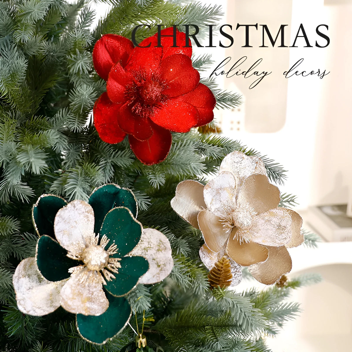 Set of three 15cm flannel Christmas flower ornaments in champagne gold, wine red, and dark green