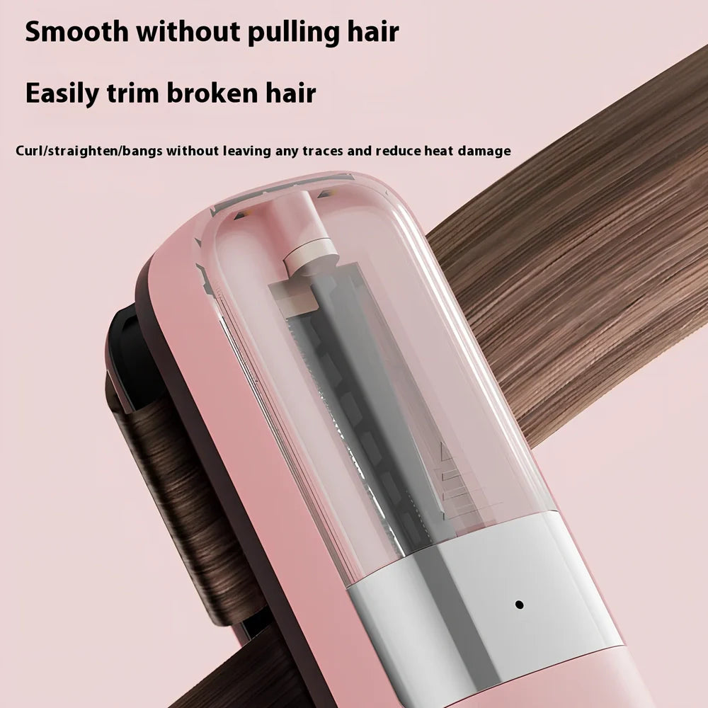 Cordless beige hair ends trimmer with 1/4-inch fixed cut, USB cable, comb and pillows for split end removal