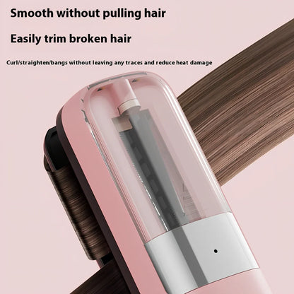 Cordless beige hair ends trimmer with 1/4-inch fixed cut, USB cable, comb and pillows for split end removal