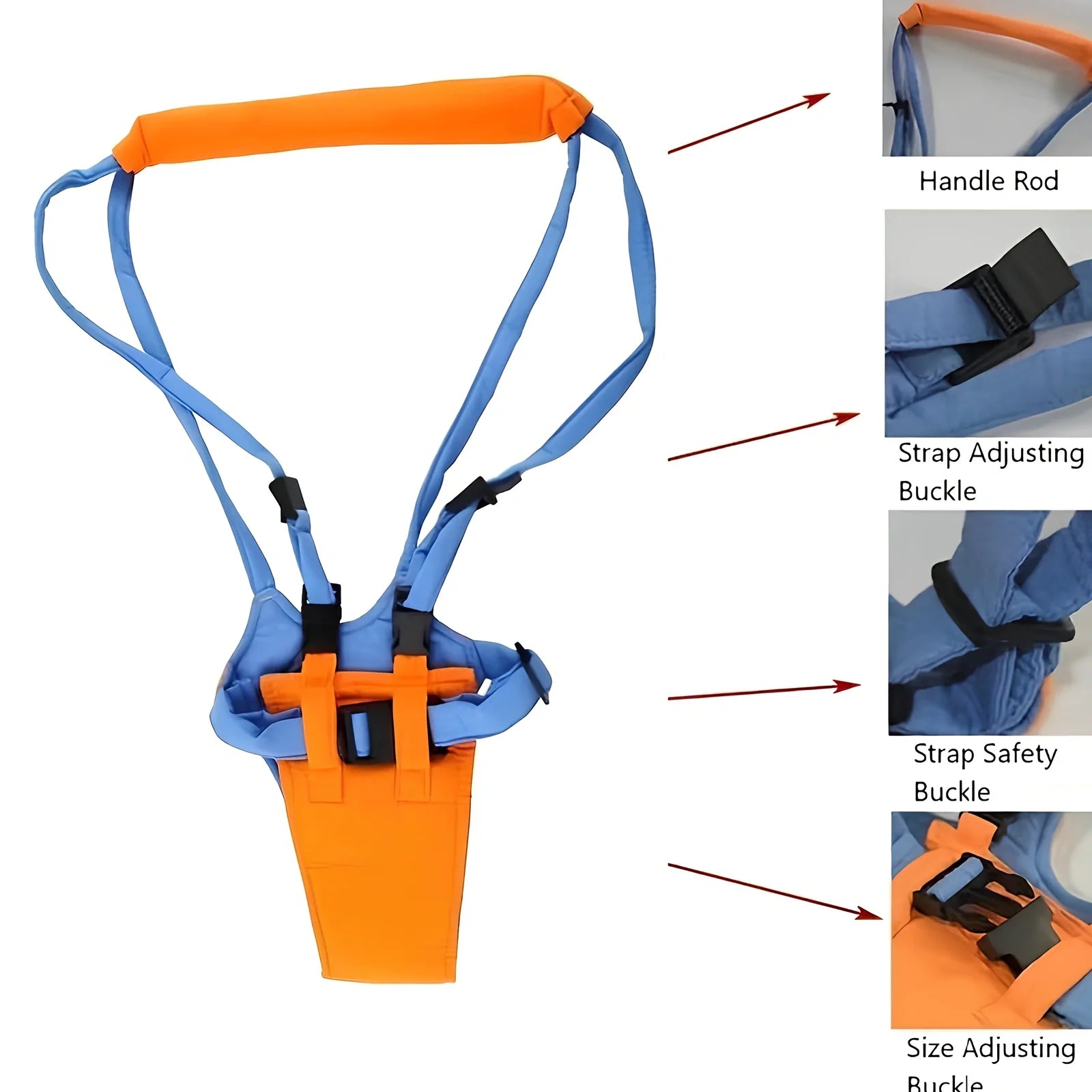 Orange and blue baby walking harness with adjustable strap and plastic safety locks for infants learning to walk