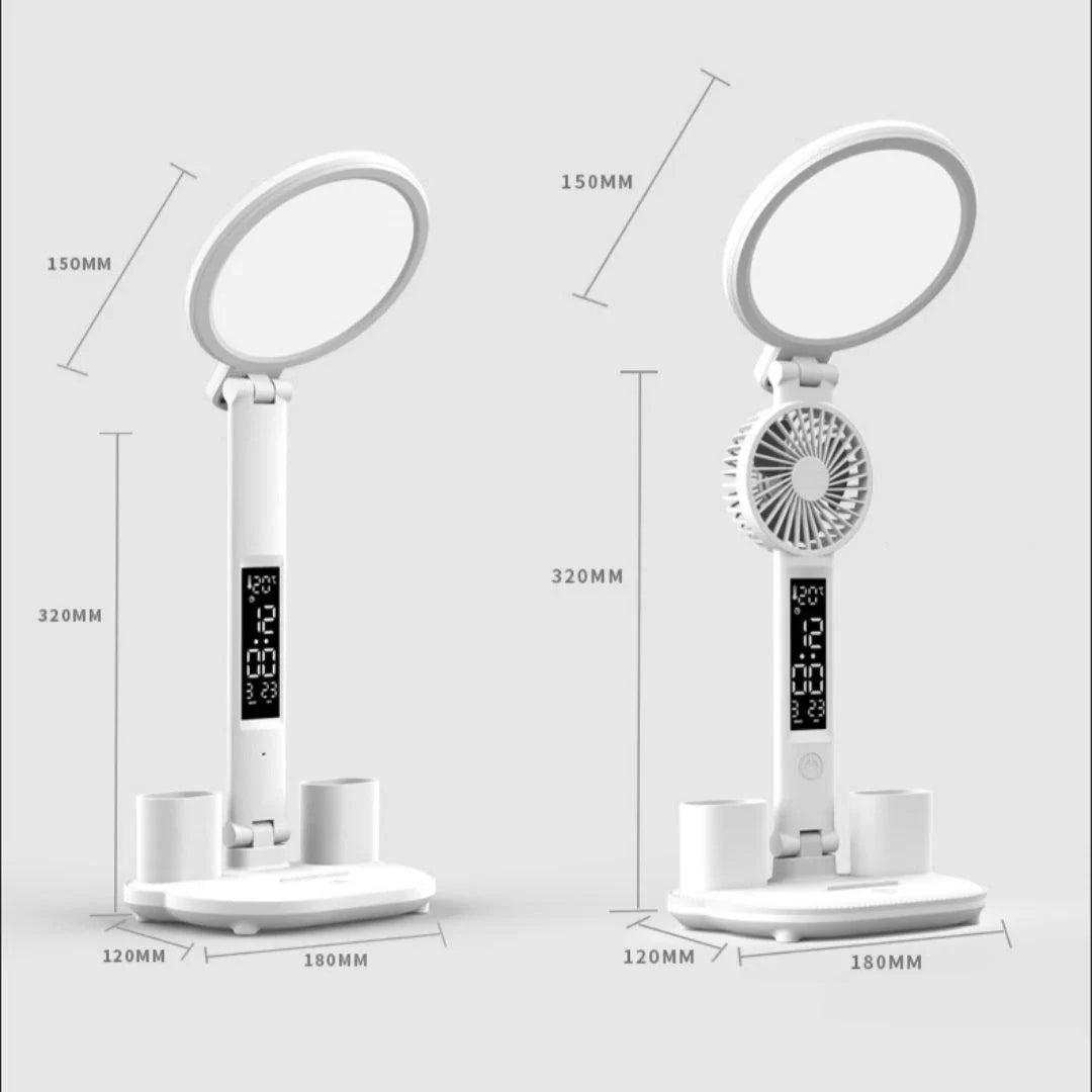 Versatile LED desk lamp with adjustable lighting, built-in digital clock, and convenient features like a rechargeable battery and foldable design