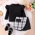 Girls' cotton skirt set two-piece with long sleeves, pullover style, in pink and black