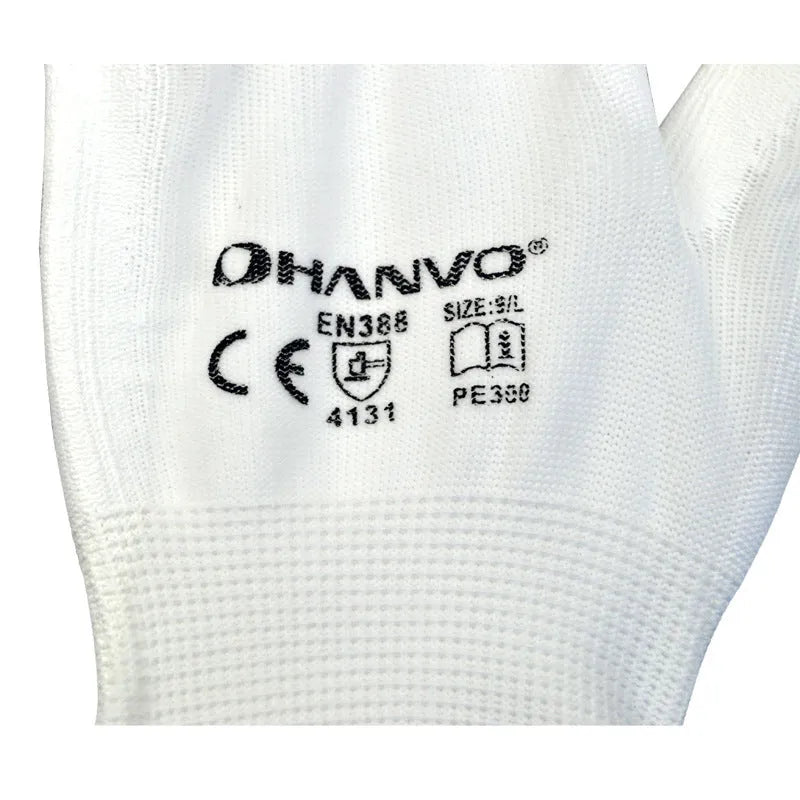 White PU coated labour gloves showing 24cm length and available in large and medium sizing options