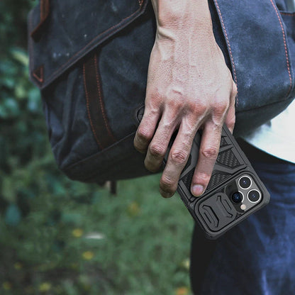 Black TPU+PC iPhone 13 protective case showing reinforced corners and precise port cutouts