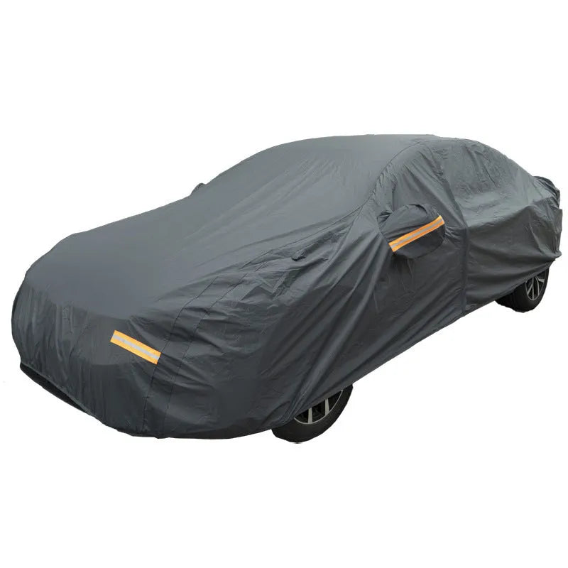 Grey PVC car cover for Volkswagen vehicles showing rainproof and sun protection features