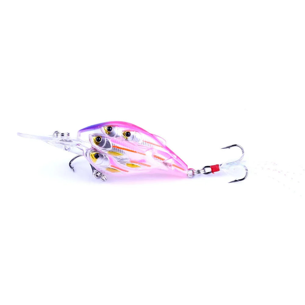 A 7.5 cm long ABS plastic fishing lure with a feather hook, shown in one of nine available colours.