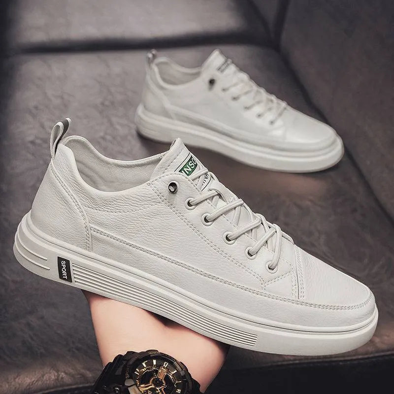 Men's casual white PU shoes with Korean-style design, round toe and flat low heel