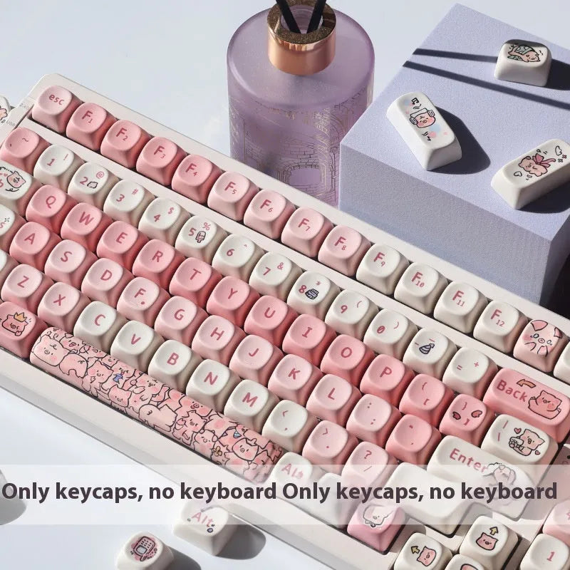 Close-up of a pink PBT key cap with a detailed Fragrant Pig design, showing five-sided sublimation printing.