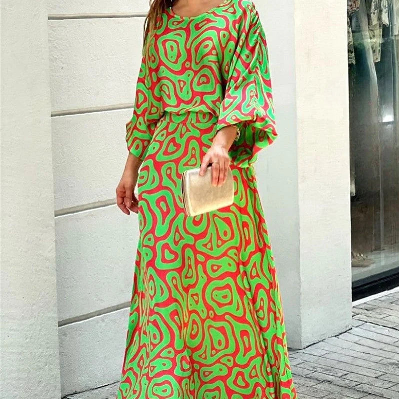 Women's loose printed long sleeve top and high waist long skirt set in various colours
