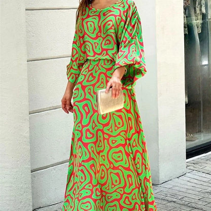 Women's loose printed long sleeve top and high waist long skirt set in various colours