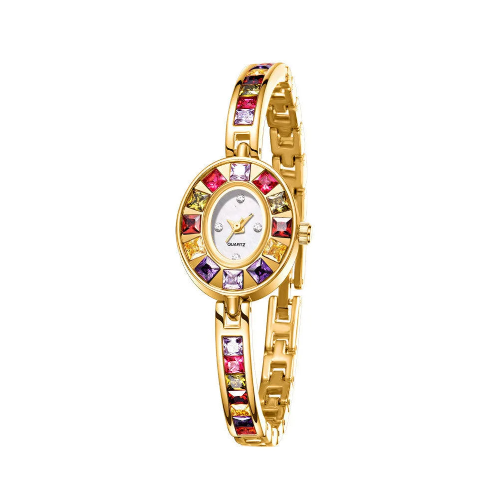 Women's small dial quartz watch with Austrian rhinestones in gold alloy finish