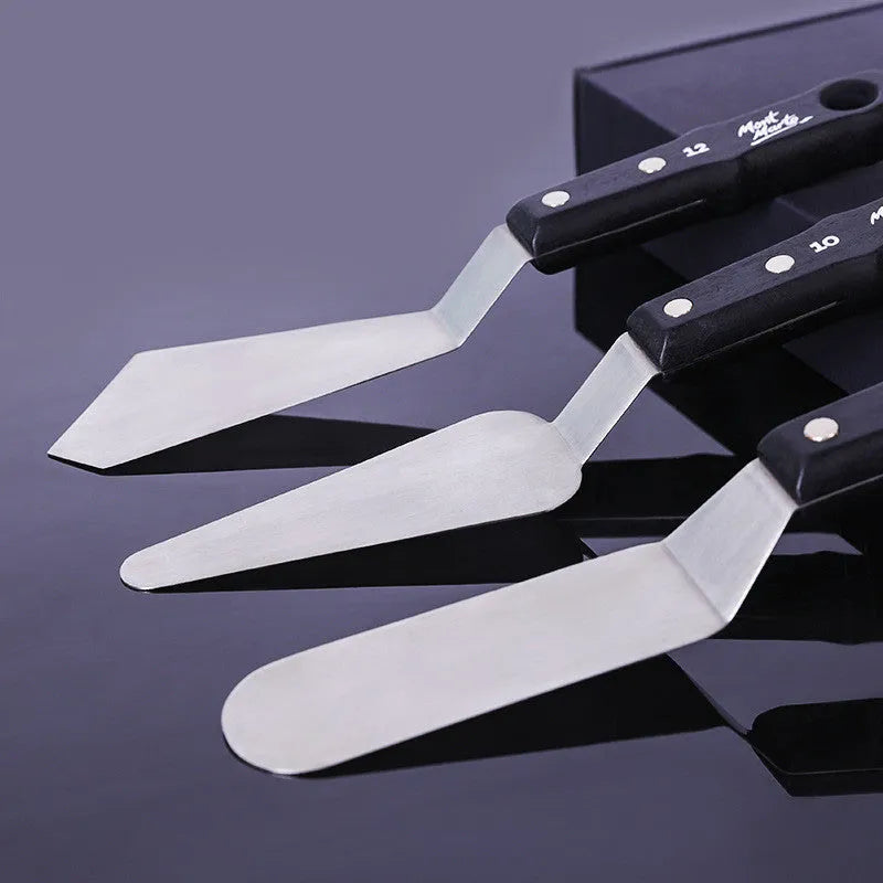 Set of three stainless steel oil painting palette knives showing No. 3, No. 10, and No. 12 scraper styles.