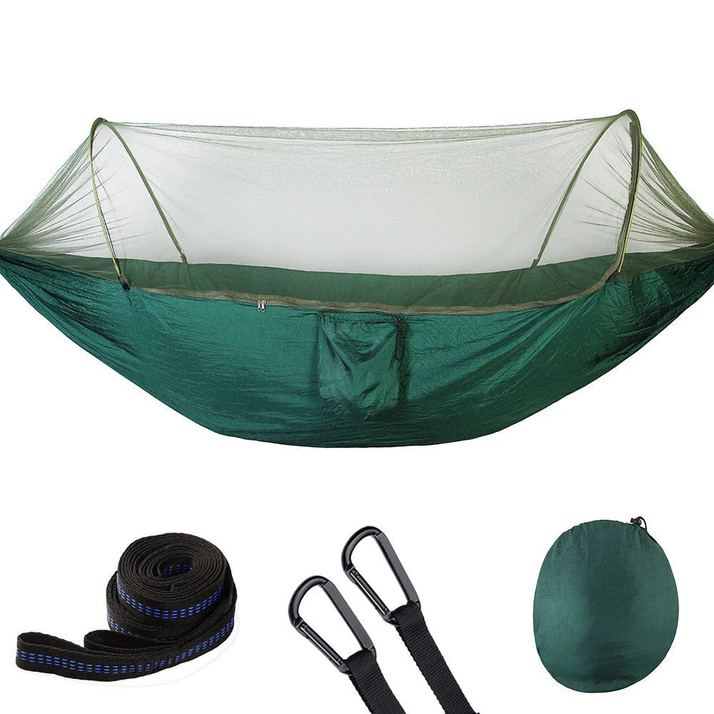 Cozy outdoor hammock with quick pop-up mosquito net, perfect for camping, hiking, and backyard relaxation