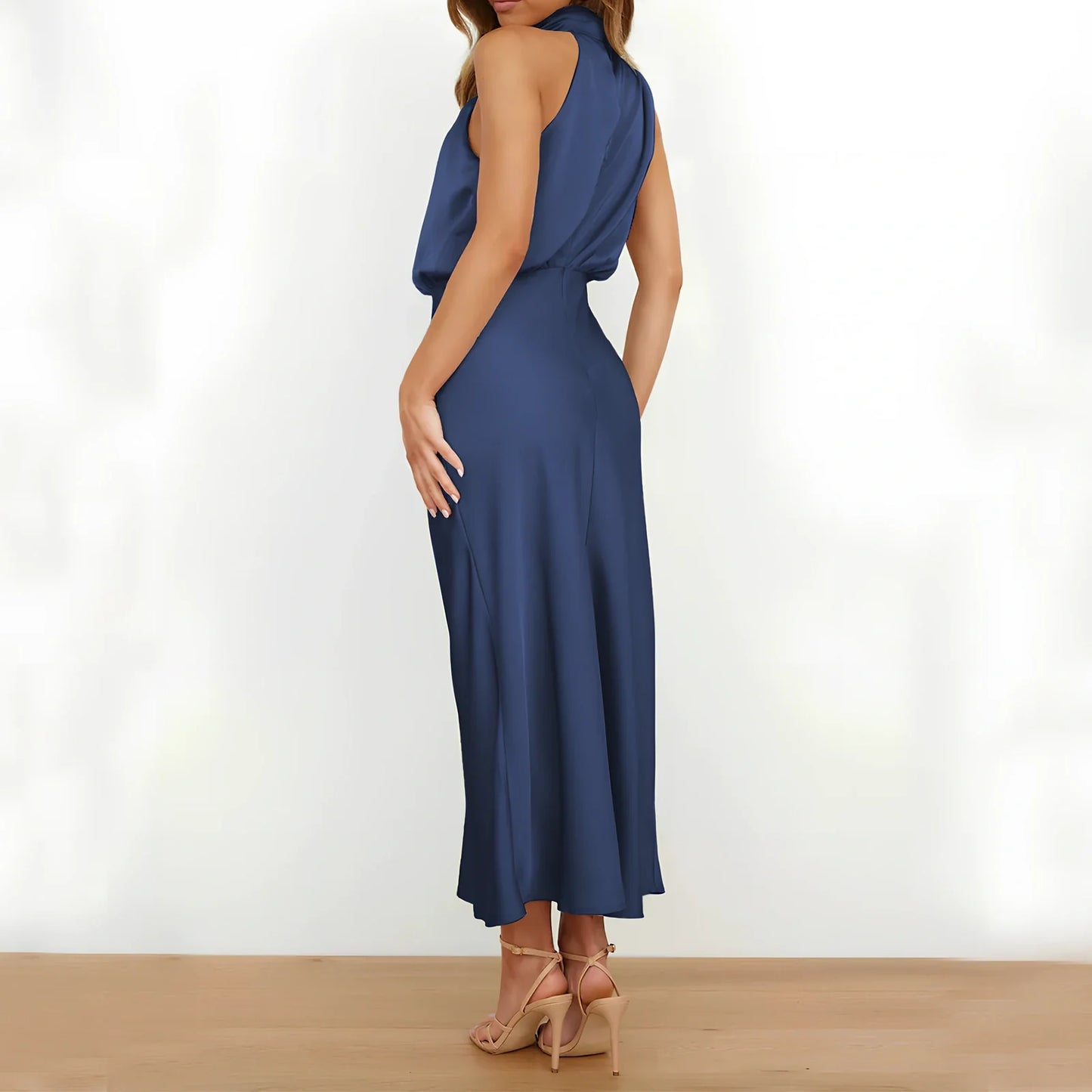 Sleeveless polyester dress in navy blue, 125.8cm length size L, bust 103cm for women's evening parties
