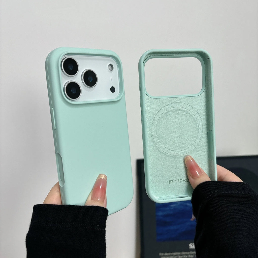 Liquid silicone magnetic iPhone case with Ai button in Antique White colour, showing MagSafe ring.