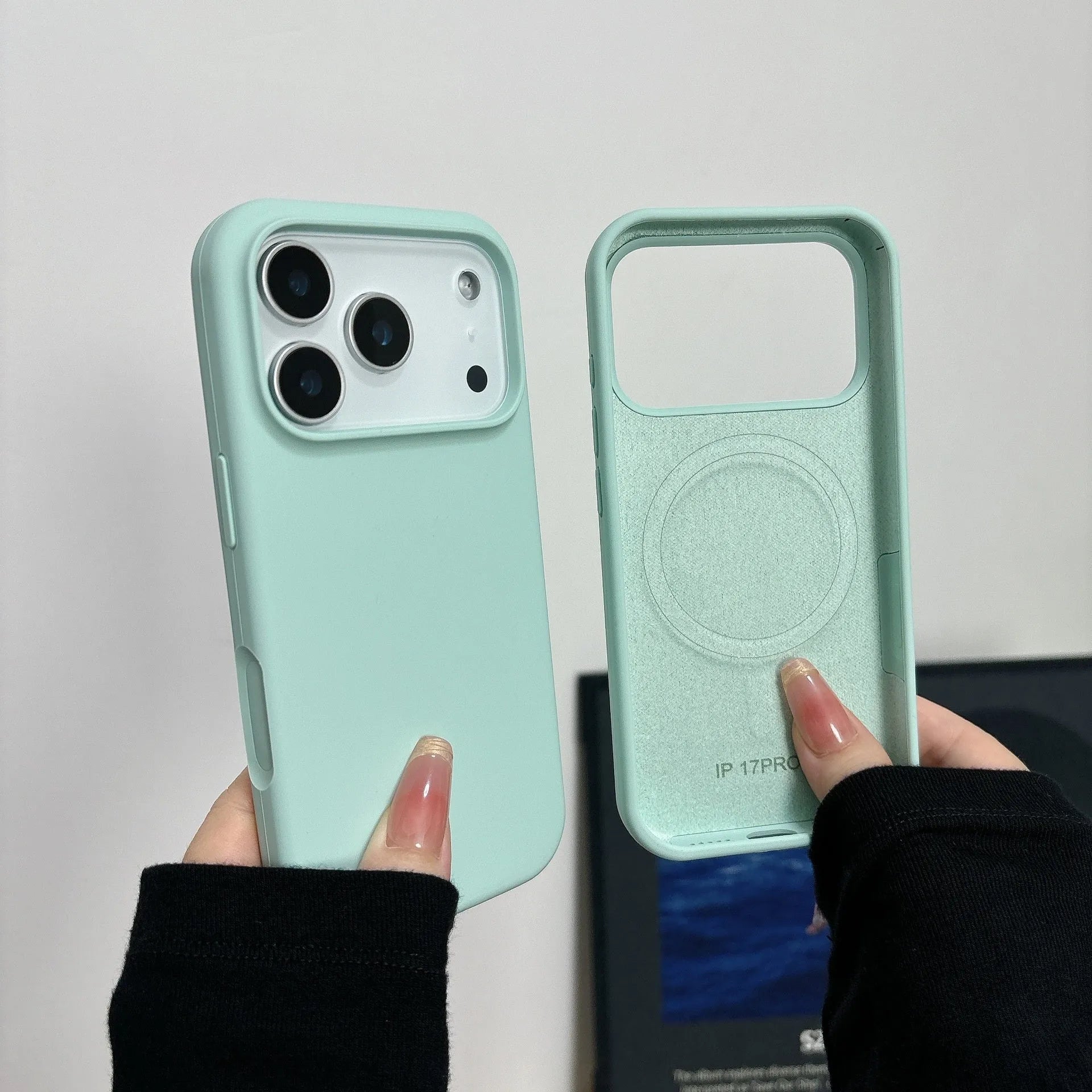 Liquid silicone magnetic iPhone case with Ai button in Antique White colour, showing MagSafe ring.