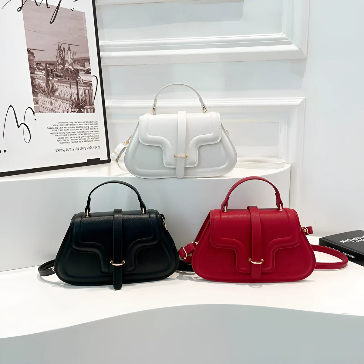 Urban Simplicity PU shoulder bag in horizontal square shape with sewing thread detail, available in black colour