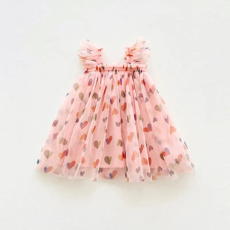 Summer cute heart print mesh girl dress with cotton lining, pink love heart colour, Korean style, suitable for 80-130cm height