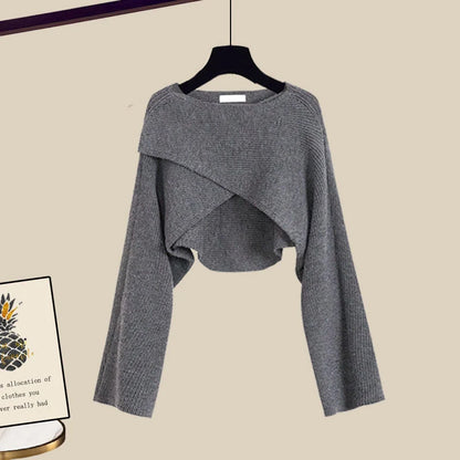 Women's 3-piece knitted sweater suit in grey with white shirt and wide-leg pants for autumn and winter wear