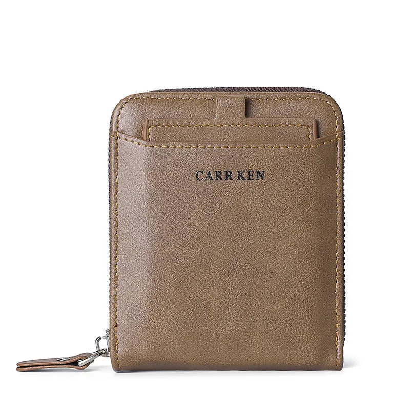 Men's short casual zipper wallet in black polyurethane leather with horizontal square shape and sewing thread detailing.