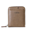 Men's short casual zipper wallet in black polyurethane leather with horizontal square shape and sewing thread detailing.
