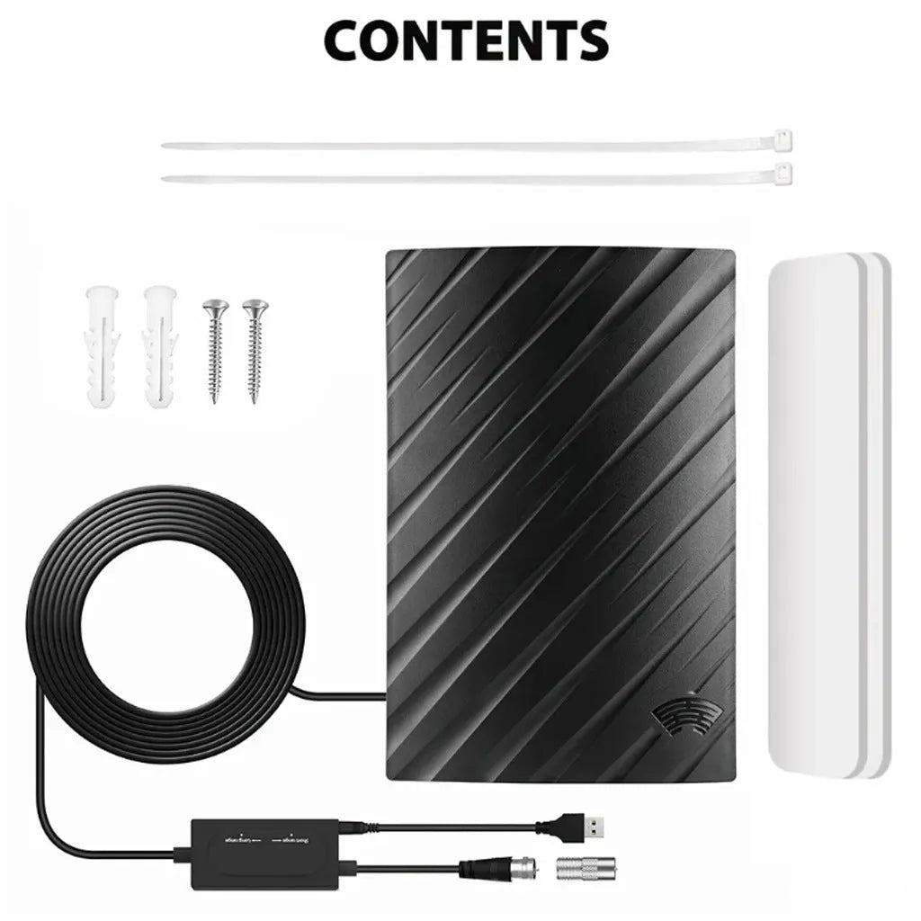 Black plastic digital television antenna with mounting hardware including expansion tubes, screws, cable ties and adhesive tape