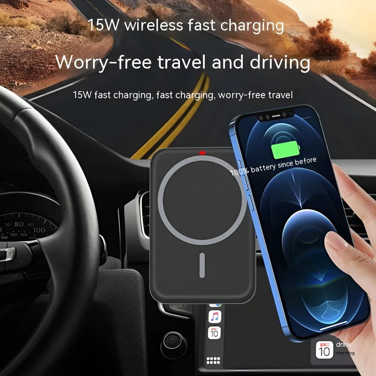 Plastic car wireless charger 15W fast charge in black for Apple 12 13 14 with Type-C interface