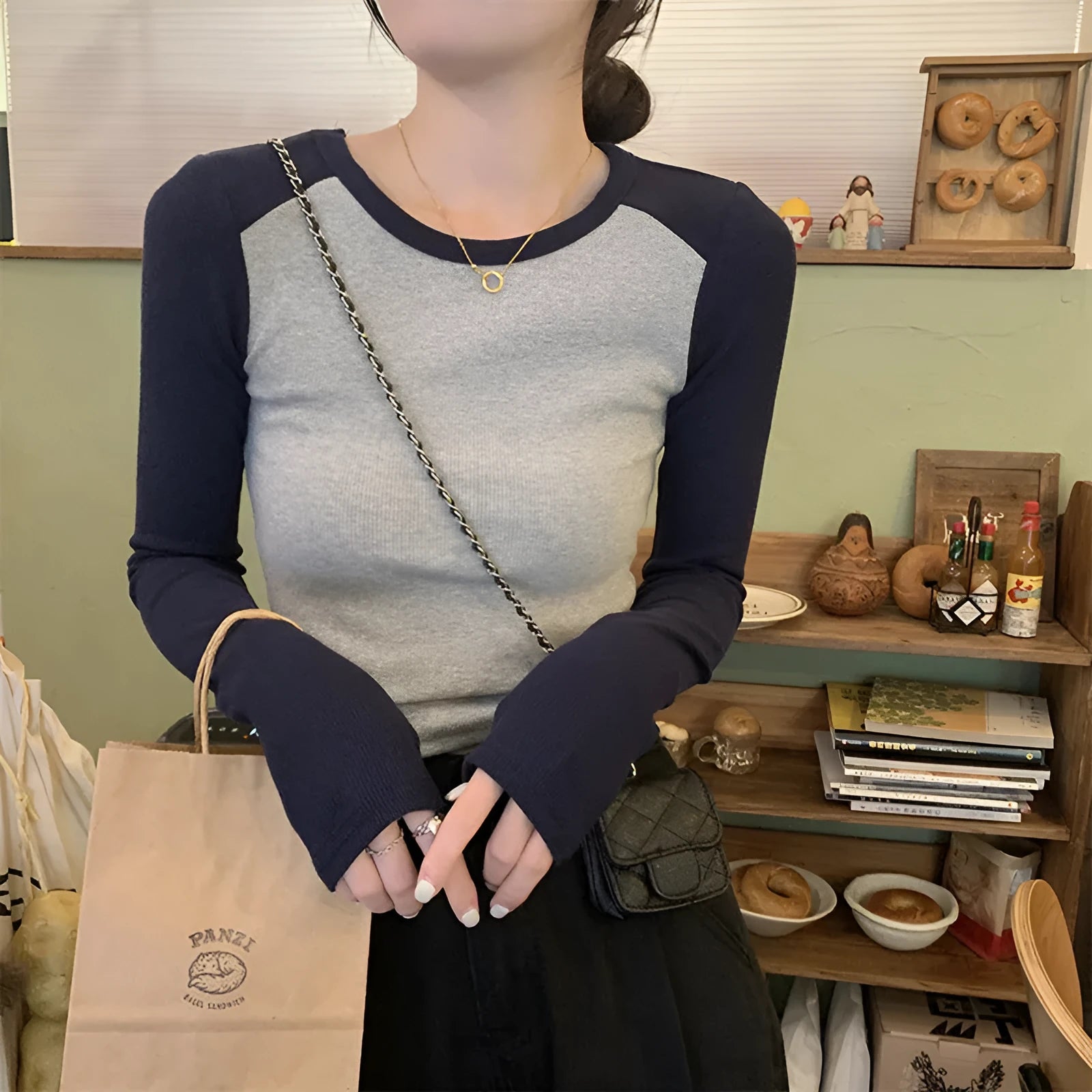 Women's casual viscose top with princess sleeves and embroidery in dark blue, black, or green.
