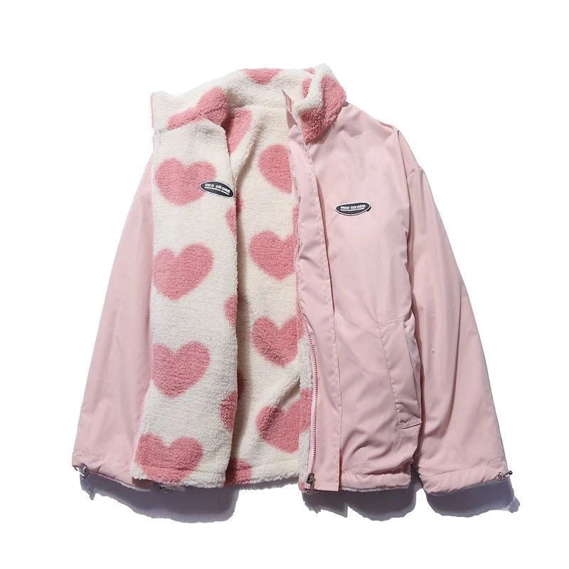 Love Lamb Fleece-lined Reversible Coat in black, pink, and sky blue
