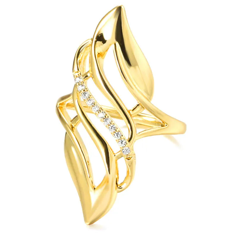 Women's exaggerated curve copper ring with zircon treatment in gold colour