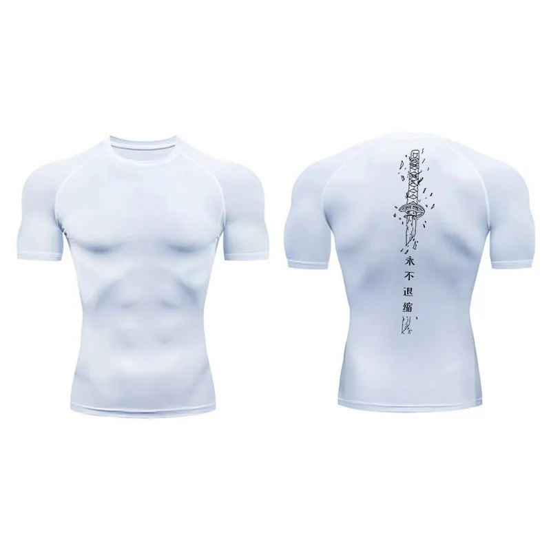 Men's short sleeve loose fit compression shirt with a sword print design on the front.