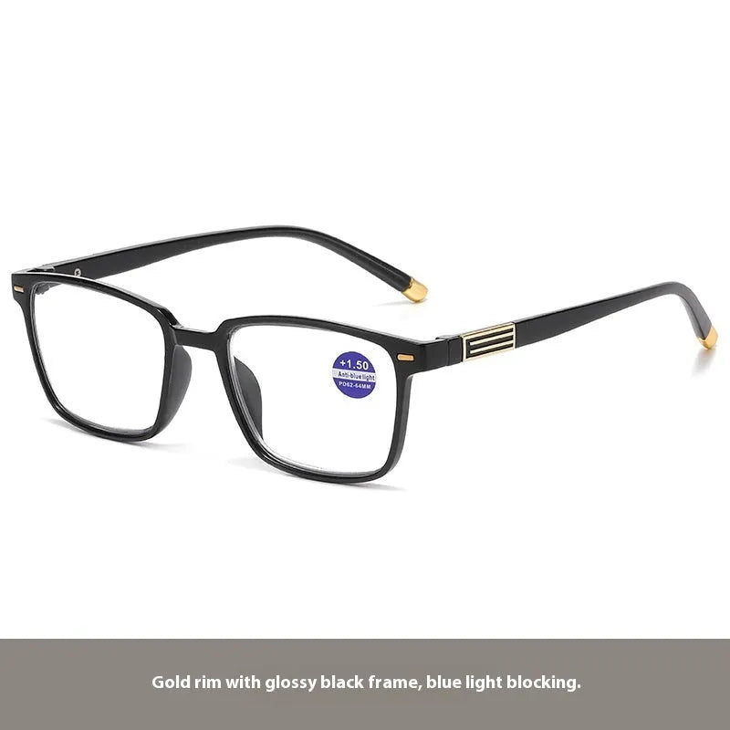 A pair of multifocal reading glasses with colour changing, anti blue light PC lenses in a black and silver frame style.