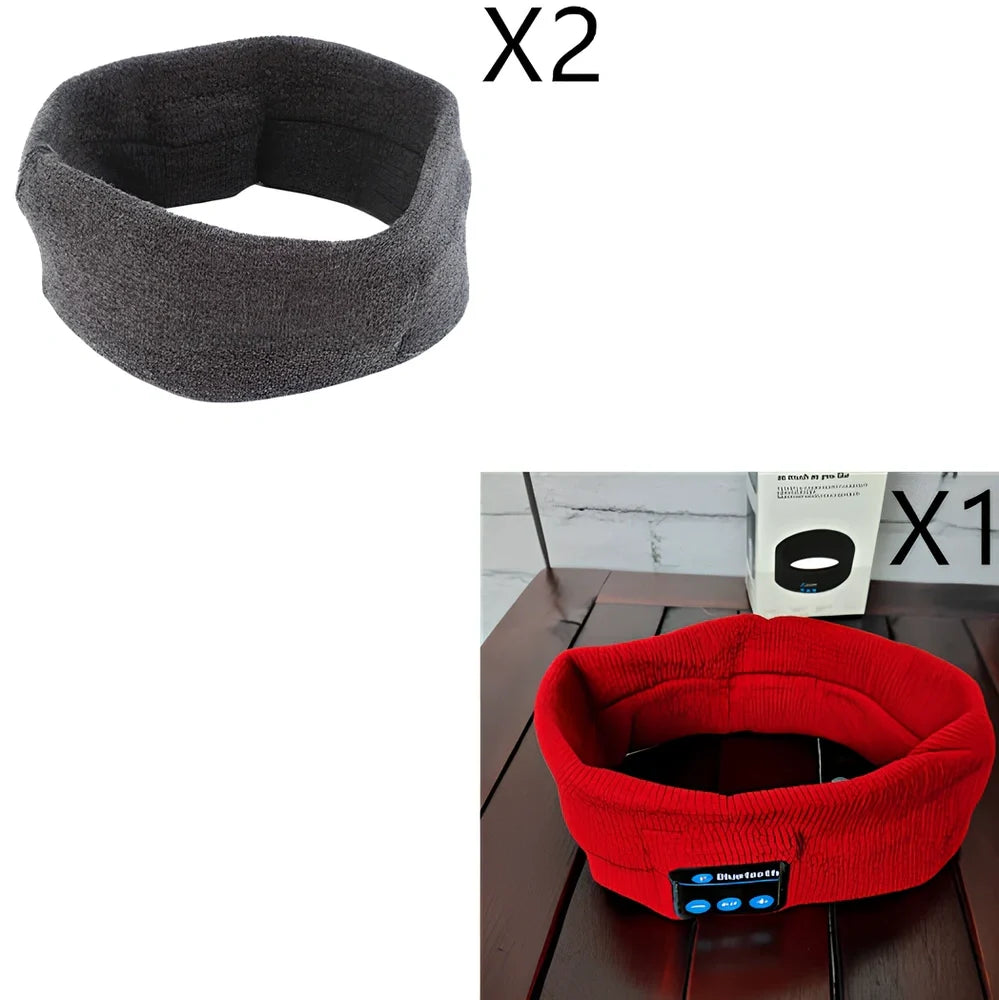 Black Bluetooth sports headband with integrated audio controls and 110mAh battery for workouts