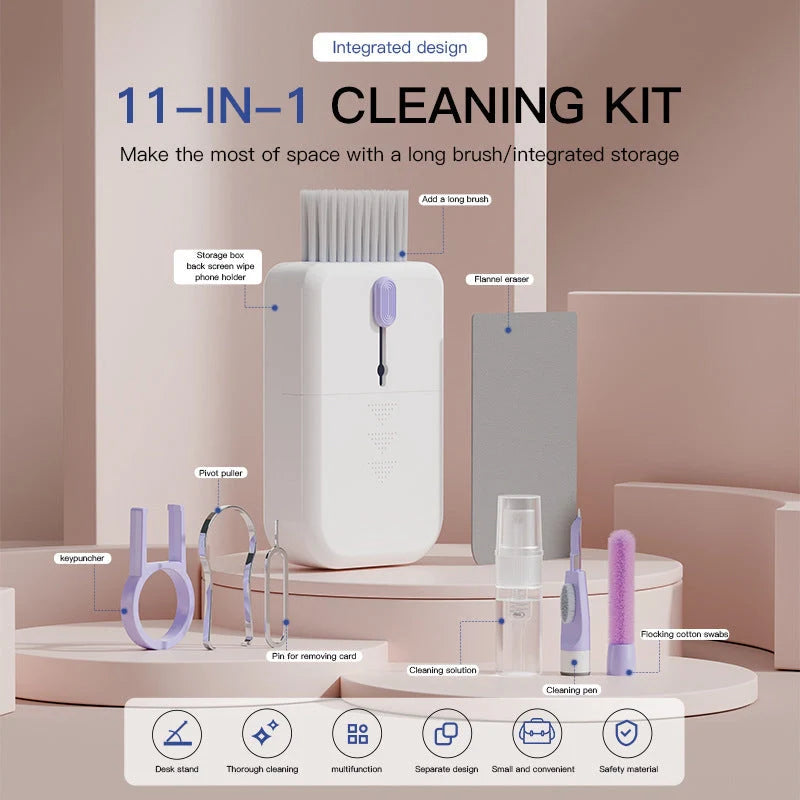 Portable 11-in-1 multifunctional cleaning kit with storage box in white, purple, orange, and blue