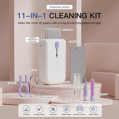 Portable 11-in-1 multifunctional cleaning kit with storage box in white, purple, orange, and blue