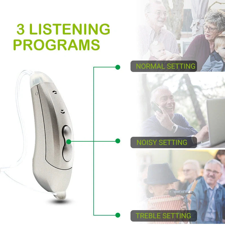 Digital sound amplifier with stealth ear back design in champagne, pearl grey, and graphite grey colour options