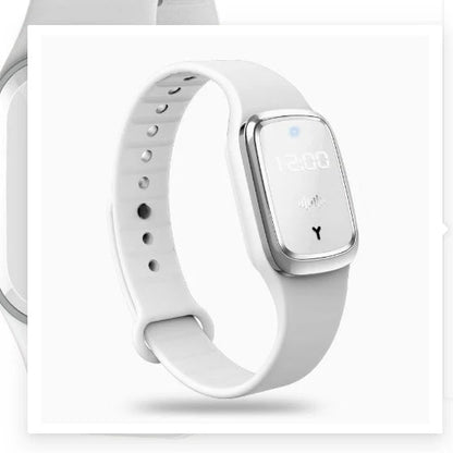 Ultrasonic mosquito repellent wristband in various colours, showcasing waterproof design and optional clock feature.