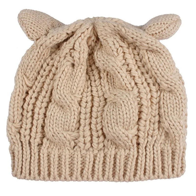 Hand made knitted cat ear beanie in wool showing 3D design and colour options