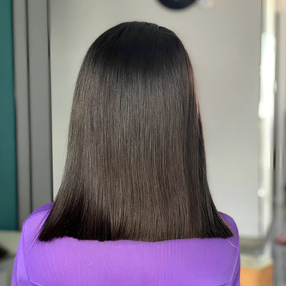 14 inch natural black bob human hair wig with 200 density, pre-plucked hairline, and 13x4 Swiss lace front for medium 22.5 inch heads