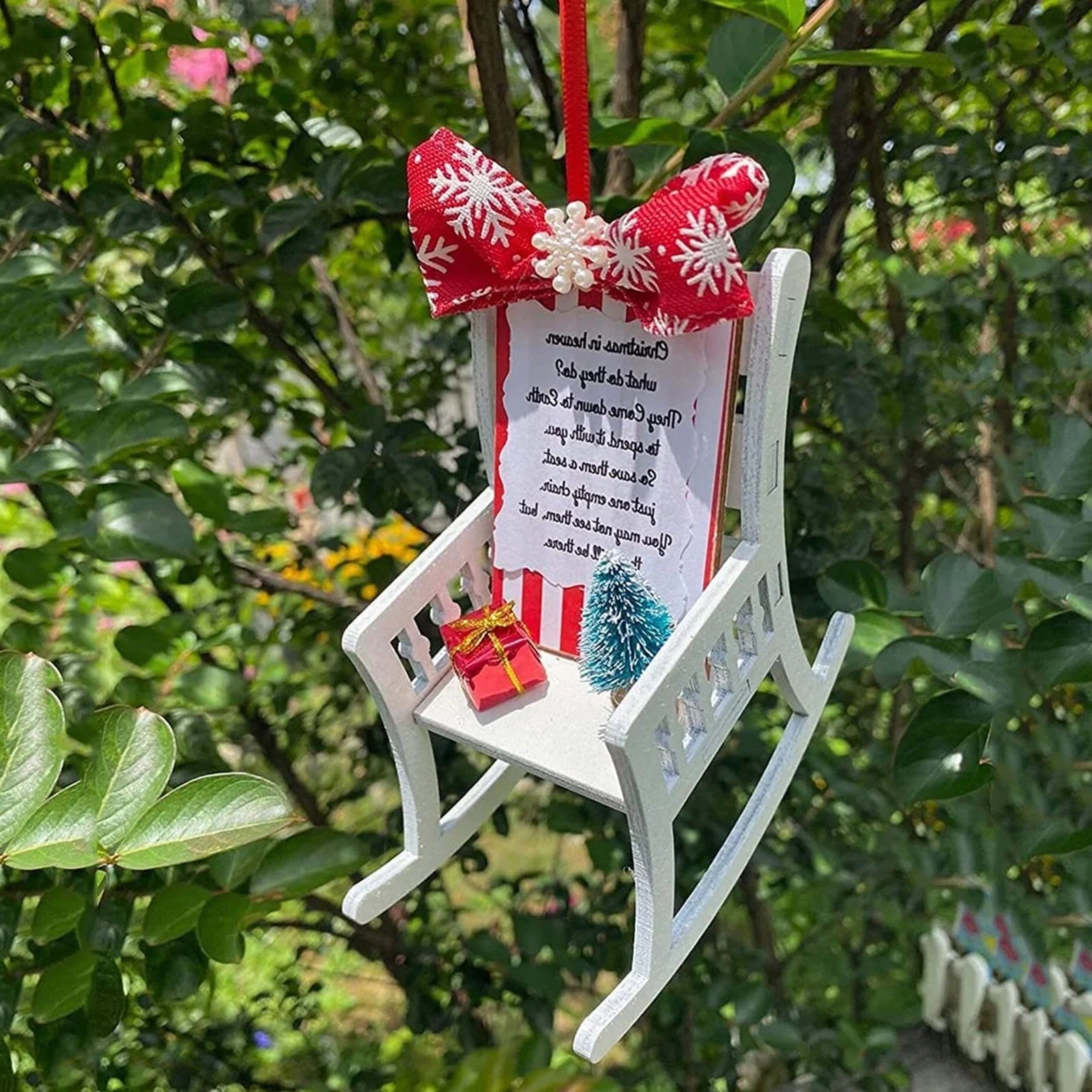 Heaven Chair Christmas Ornament in red, white, and wood colour for memorial decoration
