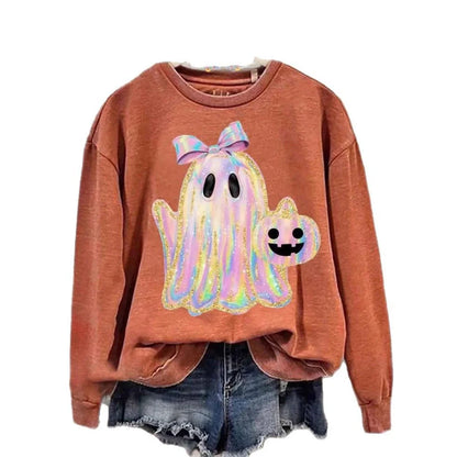 Women's grey Halloween sweatshirt with raised orange pumpkin 3D print, crew neck, long sleeves