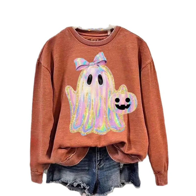 Women's Halloween printed crew neck sweatshirt with 3D stereoscopic patterns, available in eight distinct colour variations and sizes from S to 5XL, featuring a 50cm standard length and medium thickness for seasonal wear