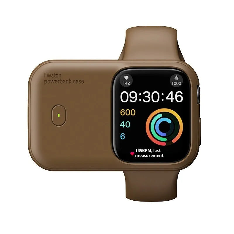 Apple Watch portable wireless charging power bank case with silicone cover in brown, midnight blue, or starlight.