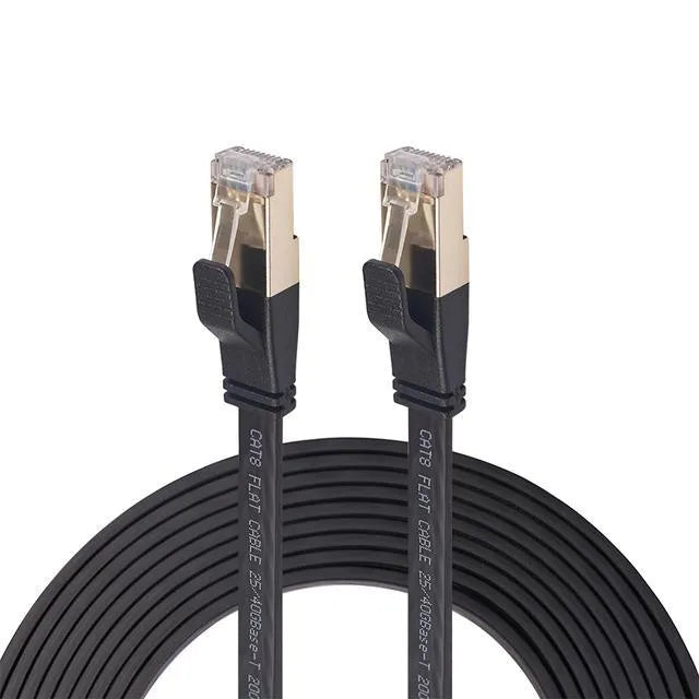 Cat8 40Gbps SFTP Ethernet cable with gold-plated RJ45 connectors on white background