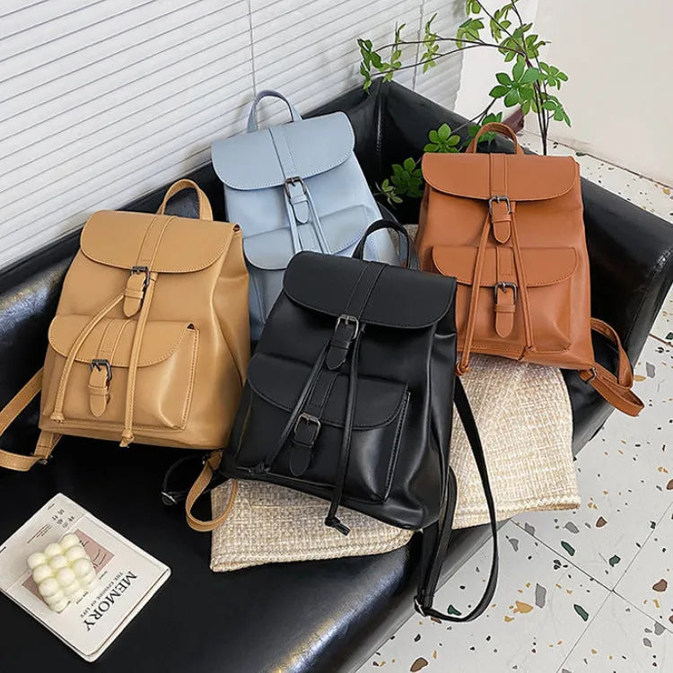 Retro college style female small bag in khaki, PU material, bucket clamshell shape with multiple internal pockets