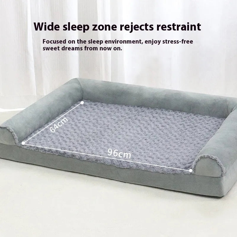 A light grey soft fabric dog kennel for large dogs, shown with size dimensions labelled.