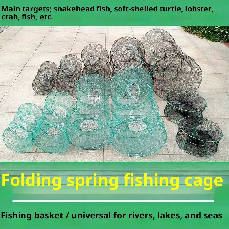 Spring Fishing Folding Basket Turtle Cage in green nylon mesh, folded and ready for use