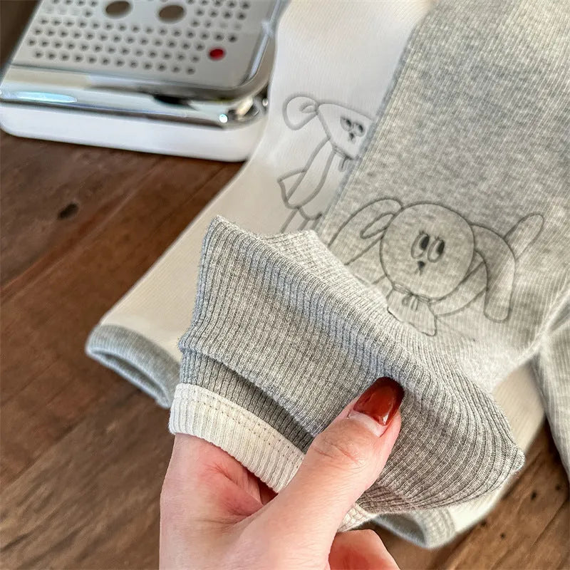 Girls' cotton rabbit print cropped leggings in beige and mixed gray, sizes 80-130cm, spring autumn wear