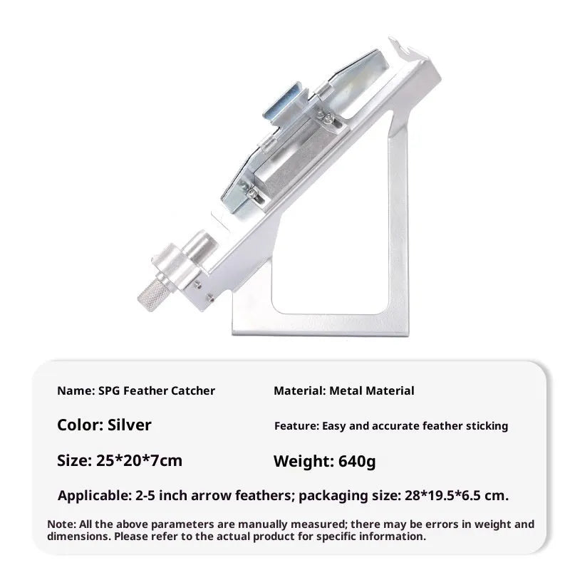SPG stainless steel fletching jig in silver holding an arrow shaft